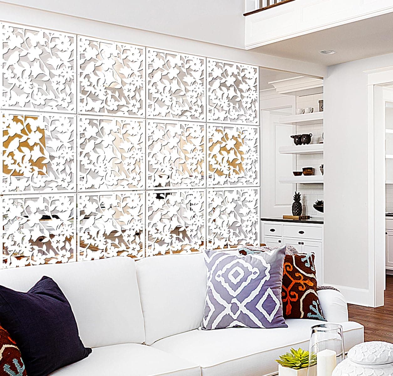 Lchen Hanging Room Divider12 Pieces PVC Panel Screen Bird Flower for Living Dining SittingRoom Hotel and Bar DecorationWhite01