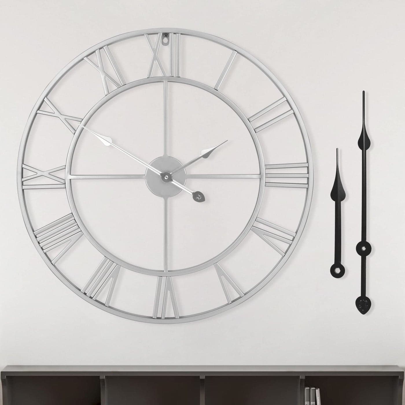 LEIKE 16 Modern Large Wall ClocksVintage RoundSilent Non TickingBattery OperatedSilver Metal Roman Numerals Clock for Living RoomBedroomKitchen Decor