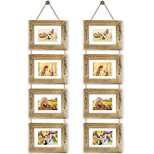DLQuarts 5x7 Hanging Collage Picture Frames Wall Decor, 4-Opening 5x7 Matted to 3.5x5 Photo Rustic Wood Frame with Hemp Rope, 2 Pack, Carbonized Brown