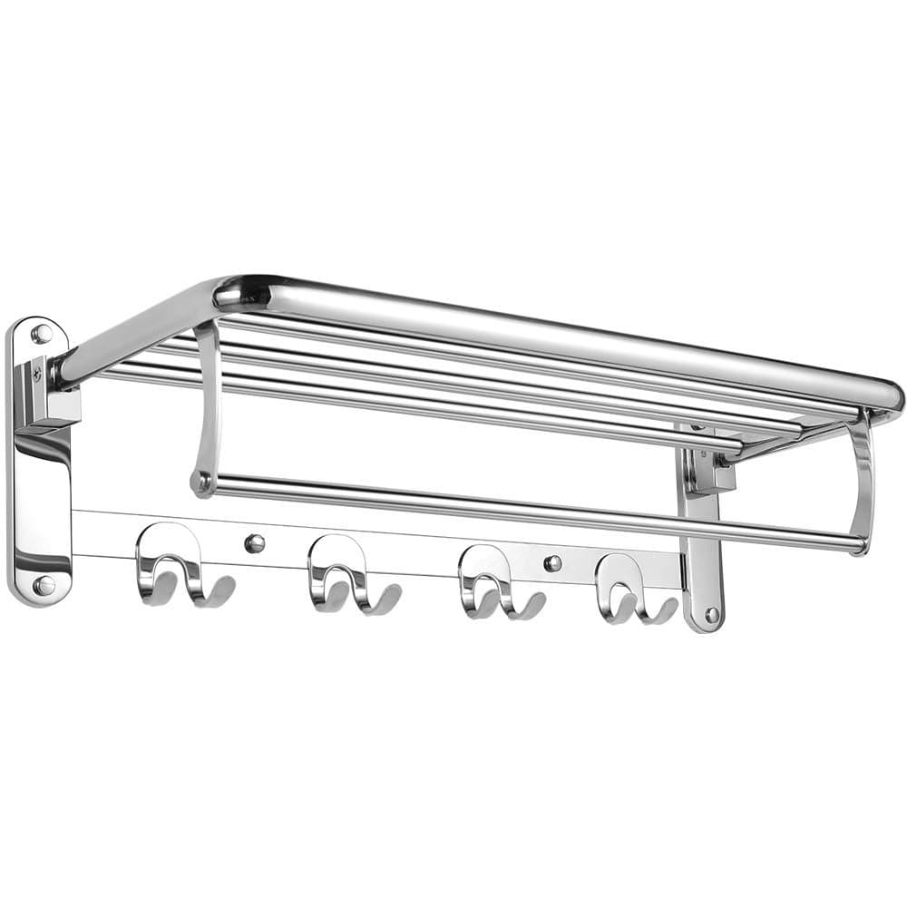 HOONEX Foldable Towel Rack for Bathroom Wall Mounted 24 Inch Towel Shelf with Towel Hooks and Adjustable Towel Bar 304 Stainless Towel Holder Polished Silver