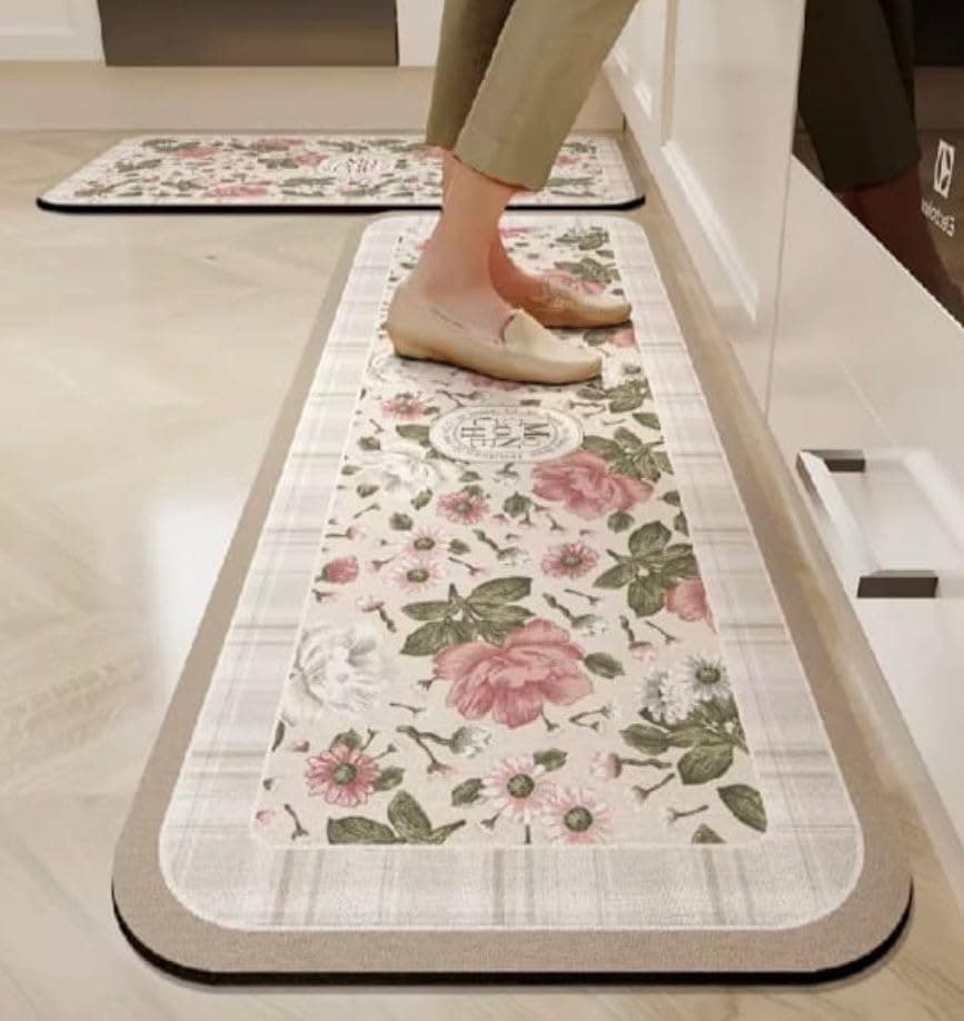 HomeCloud Rubber Kitchen Mats for Floor Set of 2 Pcs|Non-Skid, Soft Absorbent Rugs for Kitchen, Laundry, and Hallway|120x40cm, 40x60cm| 4mm Thickness (Moconche_Beige_Flower)