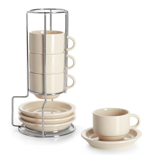 Sweese Porcelain Espresso Cups Set 25 oz Stackable with Saucers Metal Stand Beige 4 Pack
