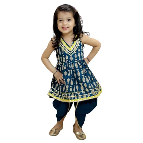 BownBee Halter Neck Pure Cotton Fish Print Kurti with Harem for Girls- Indigo (Set of 1) Solid/Printed colorful full length fully stitched regular fit Ethnic wear dress for Kids-Age_3 to 6 Months