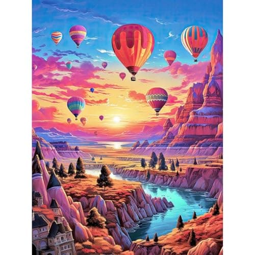 Diamond Art Kits for Adults Hot Air Balloon 5D Sunset Landscape Diamond Painting Kits for Beginners DIY Mountains Lake Full Round Dots Drill Gem Art Kit for Gift Home Wall Decor 12 x 16 Inch