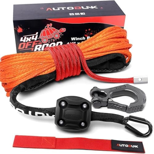 Autodunk Synthetic Winch Rope - 1/4" x 50ft 10,000LBS Winch Line with Protective Sleeve, Forged Winch Hook and Rubber Stopper, Synthetic Winch Cable for 4WD ATV UTV Offroad Vehicles Orange