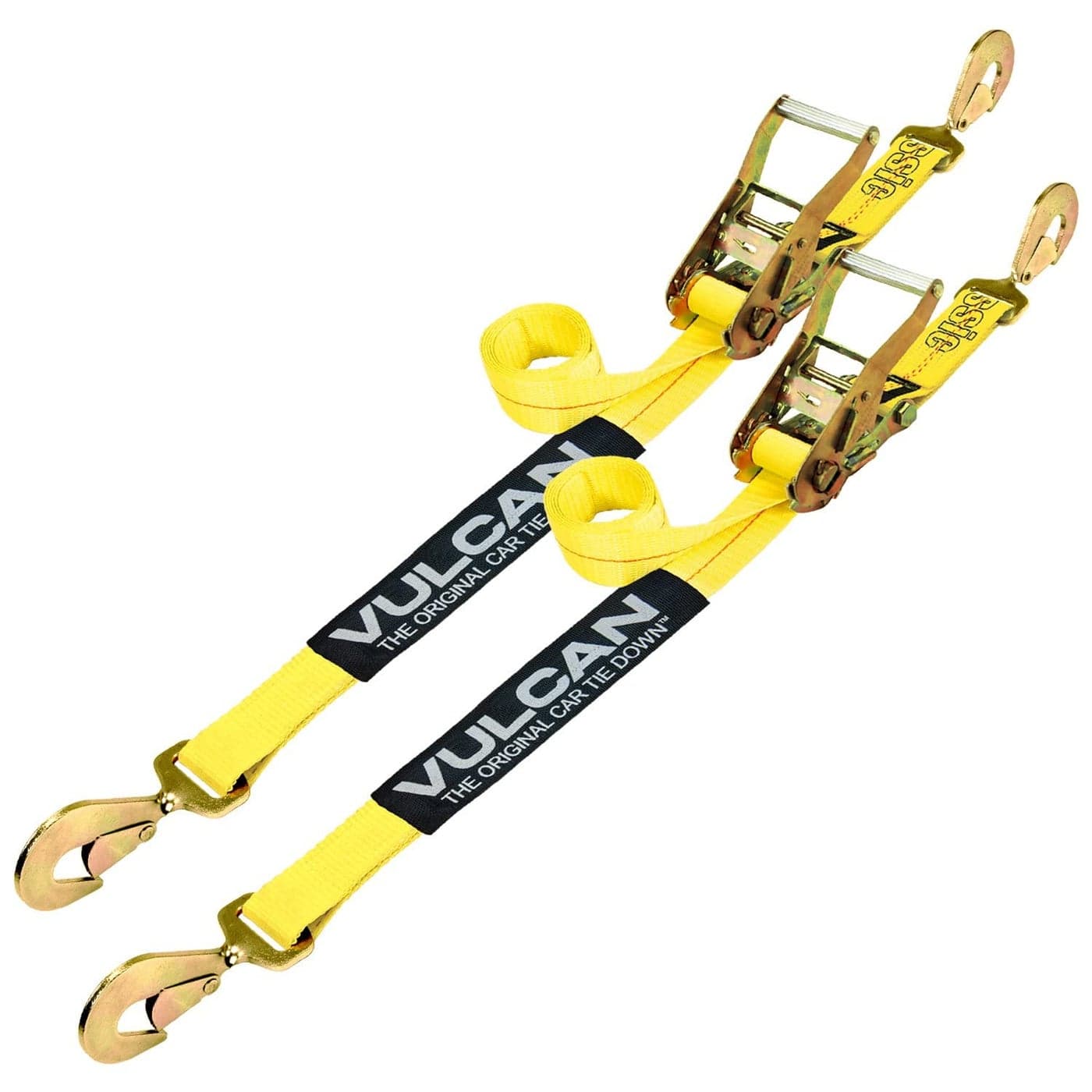 VULCAN Car Tie Down with Twisted Snap Hooks 2 Inch x 96 Inch 2 Pack Classic Yellow 3300 Pound Safe Working Load