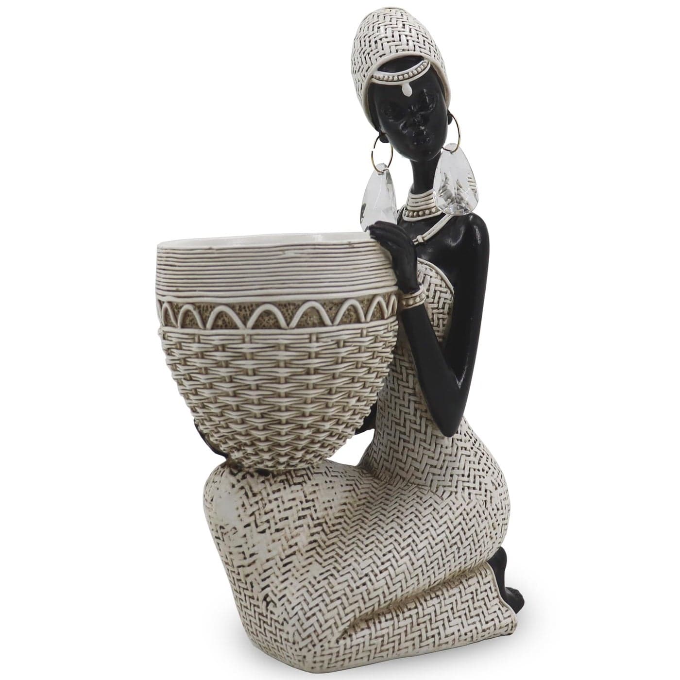 Lescafita Handmade White African Tribal Woman Sculpture Crystal Earrings Basket Statue Ivory Resin Home Decor for Modern ShelvesTables Elegant Housewarming Gift 965 H