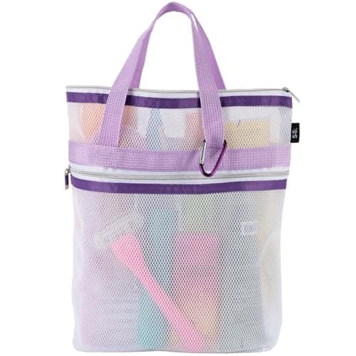 S&T INC. Mesh Shower Caddy, Shower Bag for Dorm Room Essentials, Gym Bag, Camping and More, Two Zippered Pockets, White and Purple, 10 Inches x 10 Inches
