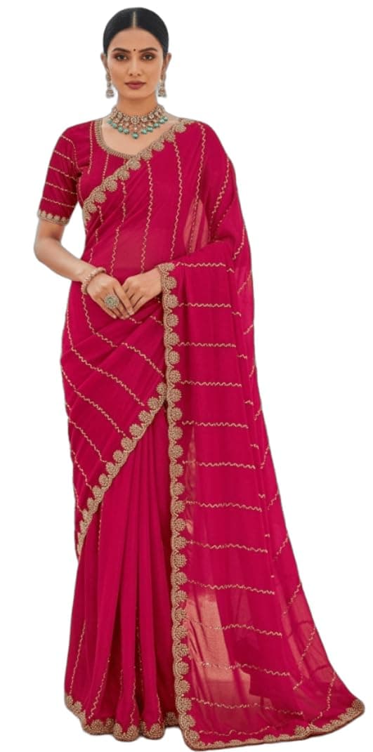 Glory Sarees Women’s Pure Satin Silk Beads Handwork Saree With Blouse Piece (Handwork_Saree2_Pink)