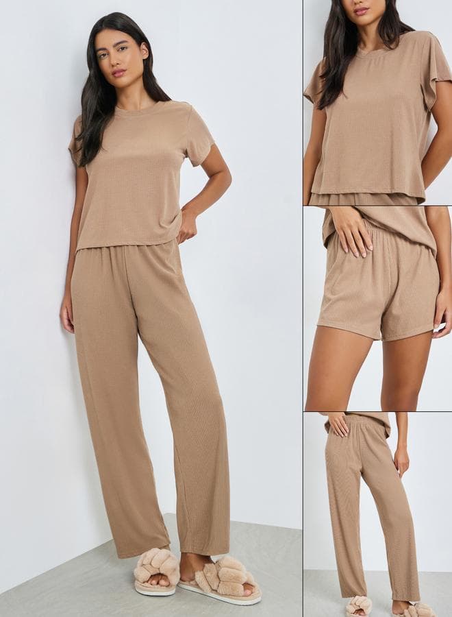 Ribbed Short Sleeve T-Shirt, Shorts and Pants Pyjama Set