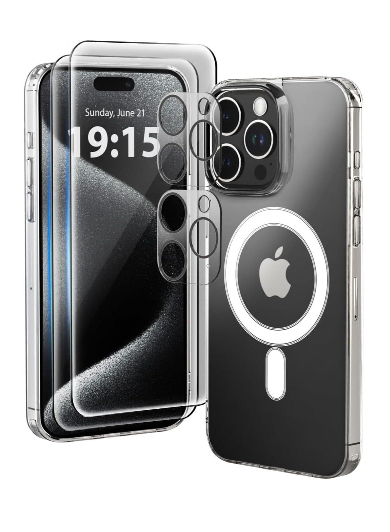 ELTRAZONE iPhone 15 Pro Max Case - 5-in-1 Clear Design with 2X Tempered Glass Screen Protectors, 2X Camera Lens Protectors, Shockproof Air-Guard Corners, and MagSafe Compatibility