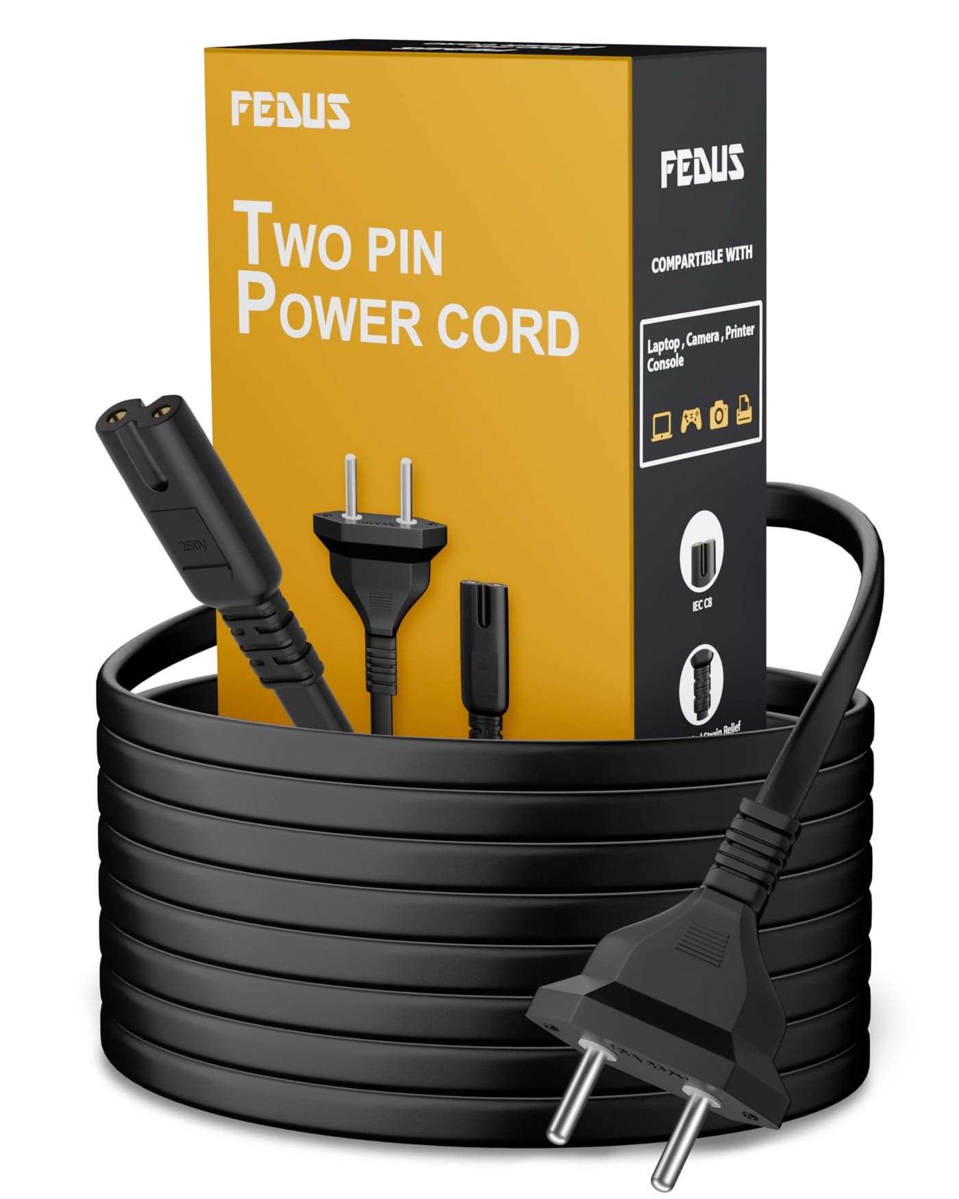 FEDUS Black 32.8Feet 2-pin Universal Replacement AC Power Cord Cable Wire for LED TV, Printer, Play Station, Laptop PC Notebook Computer, Tape Recorder, Camera
