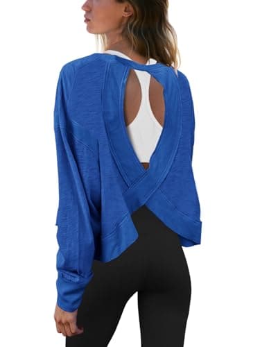 Panadila Womens Open Back Workout Top Long Sleeve Athletic Shirts Casual Crop Running Tee Y2k Yoga(Royal Blue,XL)