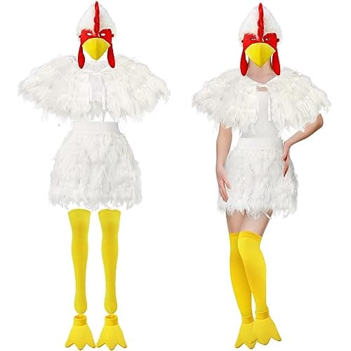 Liitrsh 5 Pcs Halloween Chicken Costume Women Adult Rooster Hat Feather Cape Skirt Outfits Accessory Kit(White,M)