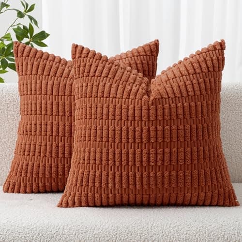 MIULEE Fall Pack of 2 Corduroy Decorative Throw Pillow Covers 18x18 Inch Soft Boho Striped Pillow Covers Modern Farmhouse Home Decor for Sofa Living Room Couch Bed Rust