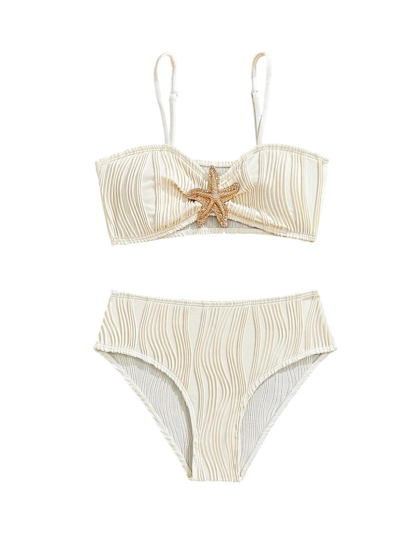 RoseSeek Girl's 2 Piece Starfish Swimsuit Padded Bathing Suit Textured Spaghetti Strap Bikini Swimsuit Beige 10 Years