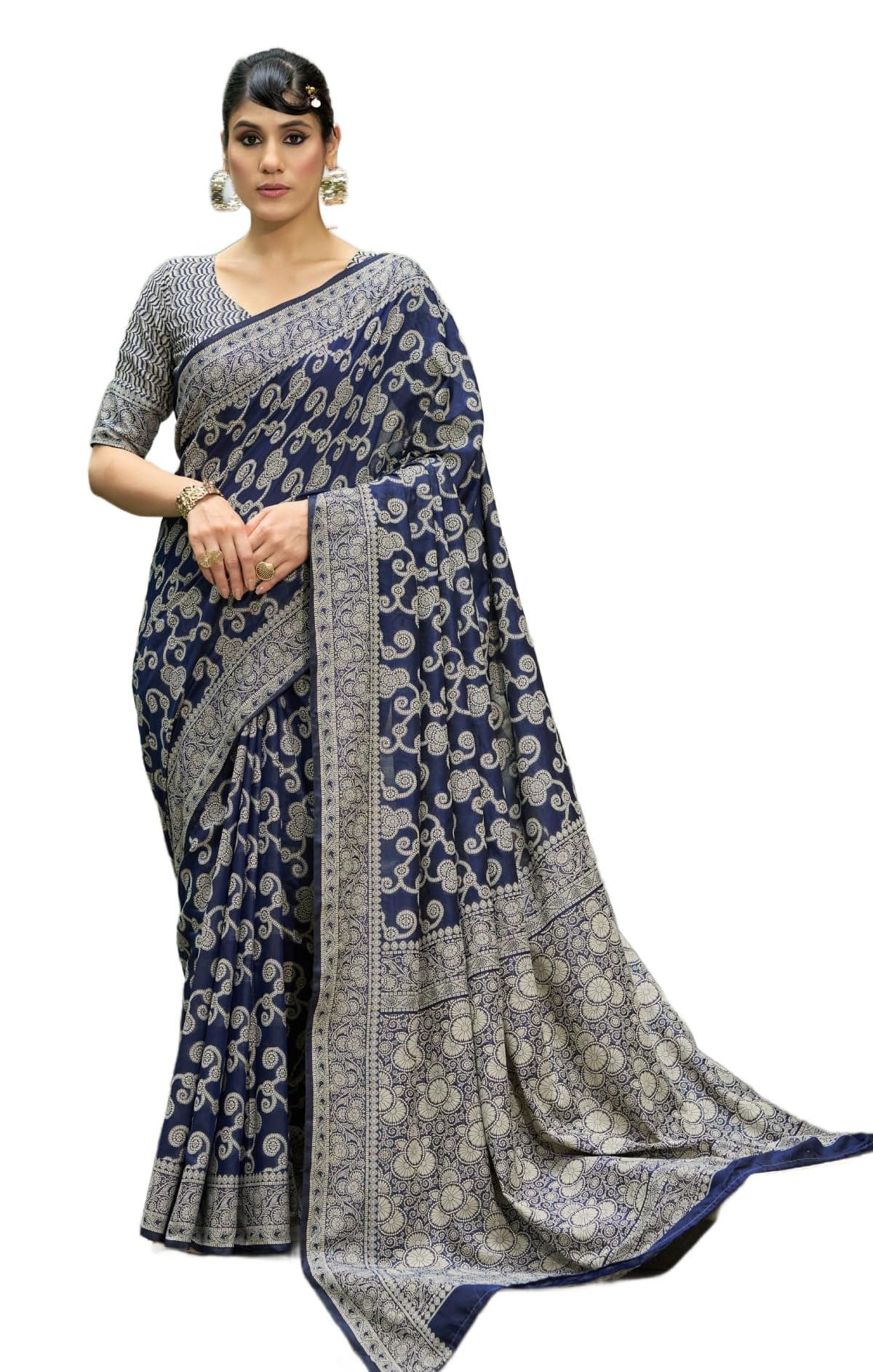 SWORNOF Women's Lucknowi Chikankari Linen cotton Woven Sarees For Women with Blouse sarees for Women (DARK BLUE)