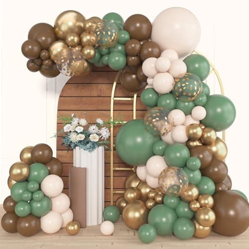 Amandir 153pcs Sage Green Brown Balloon Garland Arch Kit Different Sizes 18 12 10 5 inch Olive Green Gold Latex Metallic Confetti Balloons for Safari Jungle Woodland Birthday Baby Shower Decorations