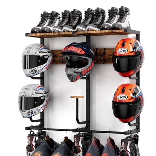 Motorcycle Helmet Rack with 6 Jhooks 6 Clip Hooks Wall Mounted Helmet Holder Stand for 6 Helmets Riding Suits Accessories Sturdy Construction Storage Organizer for Entryway or Garage