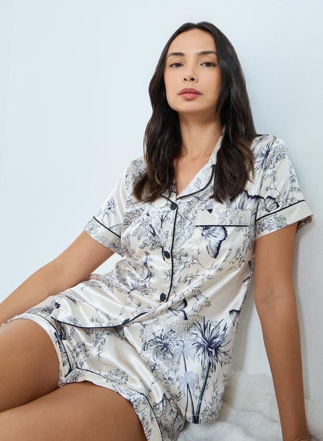Butterfly Floral Print Satin Shirt and Shorts Set
