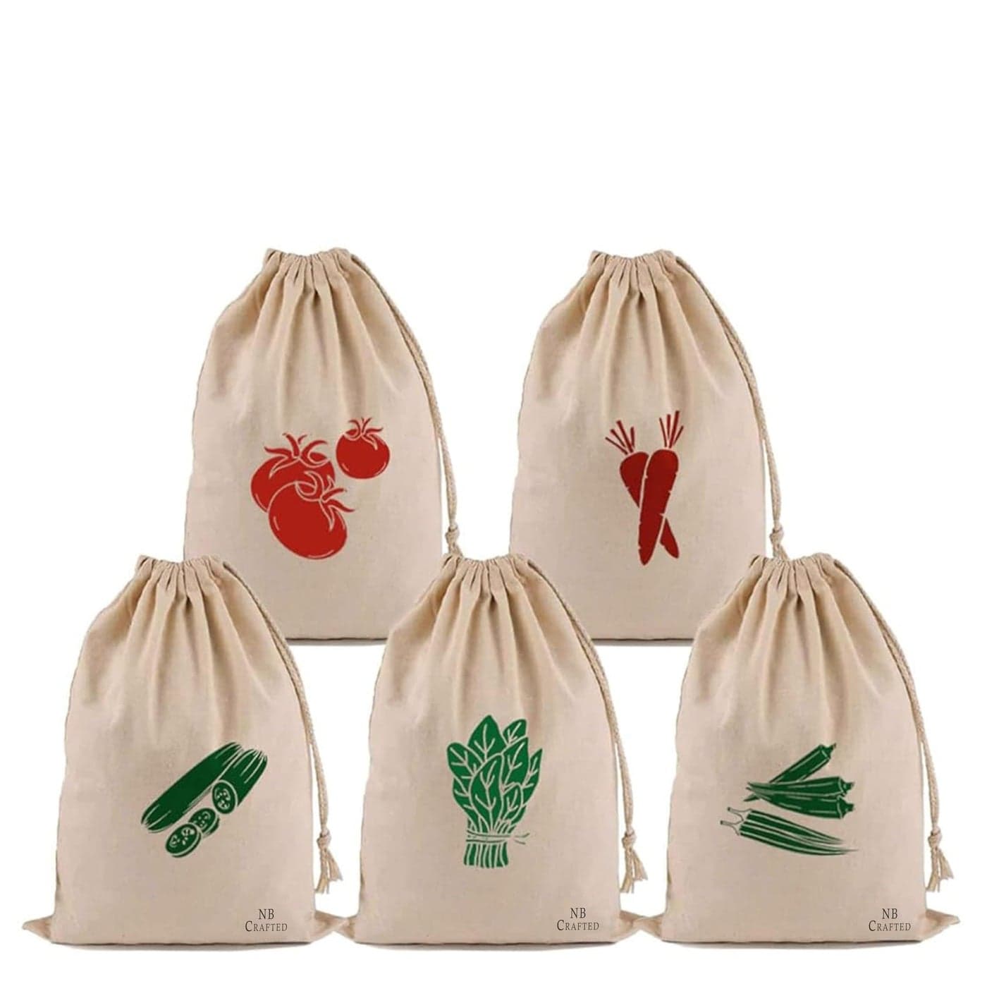NB Crafted Vegetable Storage Bags for Fridge, Cotton Mesh Bag Reusable and Washable Multipurpose Eco Friendly Heavy-duty, Double Bags with Drawstrings (Pack of 5)
