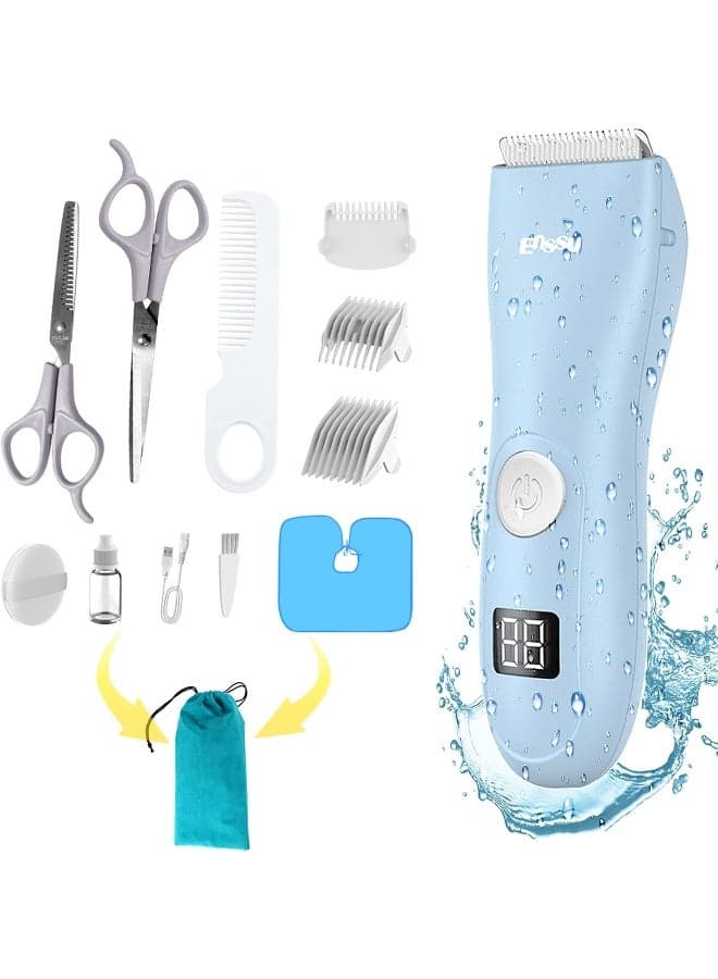 OPENBEAUTY Baby Hair Clippers Noiseless Hair Clippers for Kids Waterproof Rechargeable Cordless Hair Clipper with LCD Display (Blue)