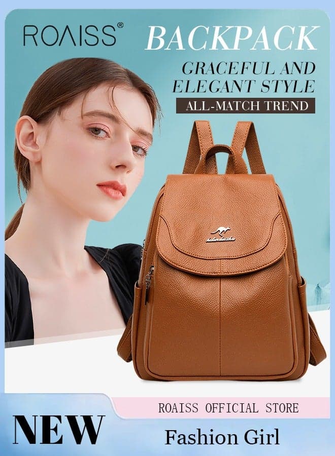 Casual Backpack Women's New All-Match Large-Capacity Soft Leather Schoolbag Outdoor Travel Backpack Ladies Bag Lightweight Waterproof Scientific Storage Fashion Backpack for Women Brown