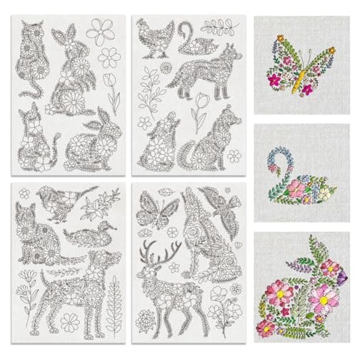 BENECREAT 4 Sheets 41pcs Flower Animals Water Soluble Hand Sewing Stabilizers Flower Leaves Pattern Tear Away Embroidery Stabilizers for Embroidery Carves Shirts Coats Bags Towels