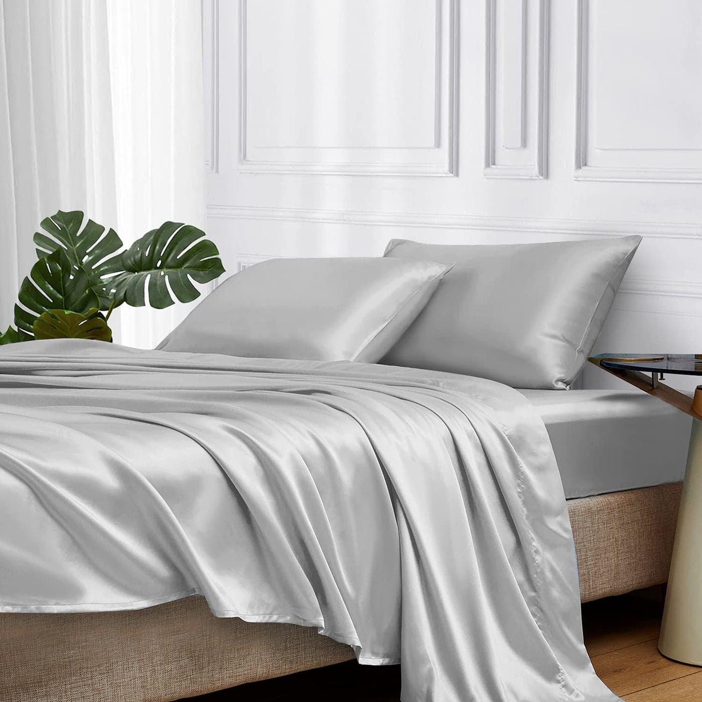 MRHM Satin Bed Sheets Queen Size Sheets Set 4 Pcs Silky Bedding Set with 15 Inches Deep Pocket for Mattress Queen Silver Grey