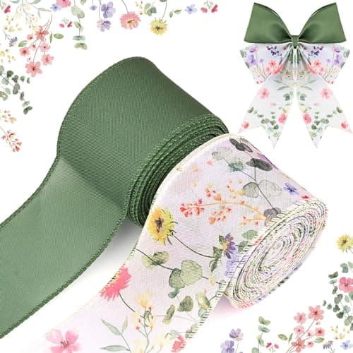 Bolsome 2 Rolls 20 Yards Floral Wired Edge Ribbon Spring Wildflowers Printed Burlap Ribbon for Gift Wrapping Bow Wreath Making for Birthday Wedding Craft Supplies Green