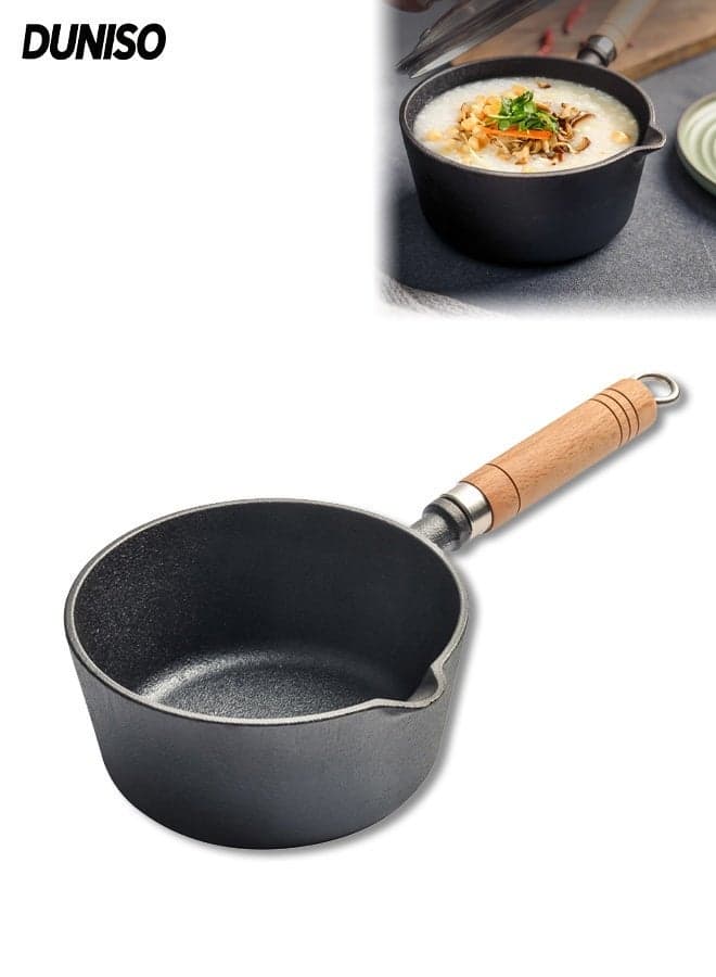 Small Sauce Pan with Pour Spout, Non Stick Cast Iron Sauce Pot with Wood Handle,Baby Food Pot ,Stewpot Soup pot, Baby Hot Milk Pot, Use for Home Kitchen or Restaurant