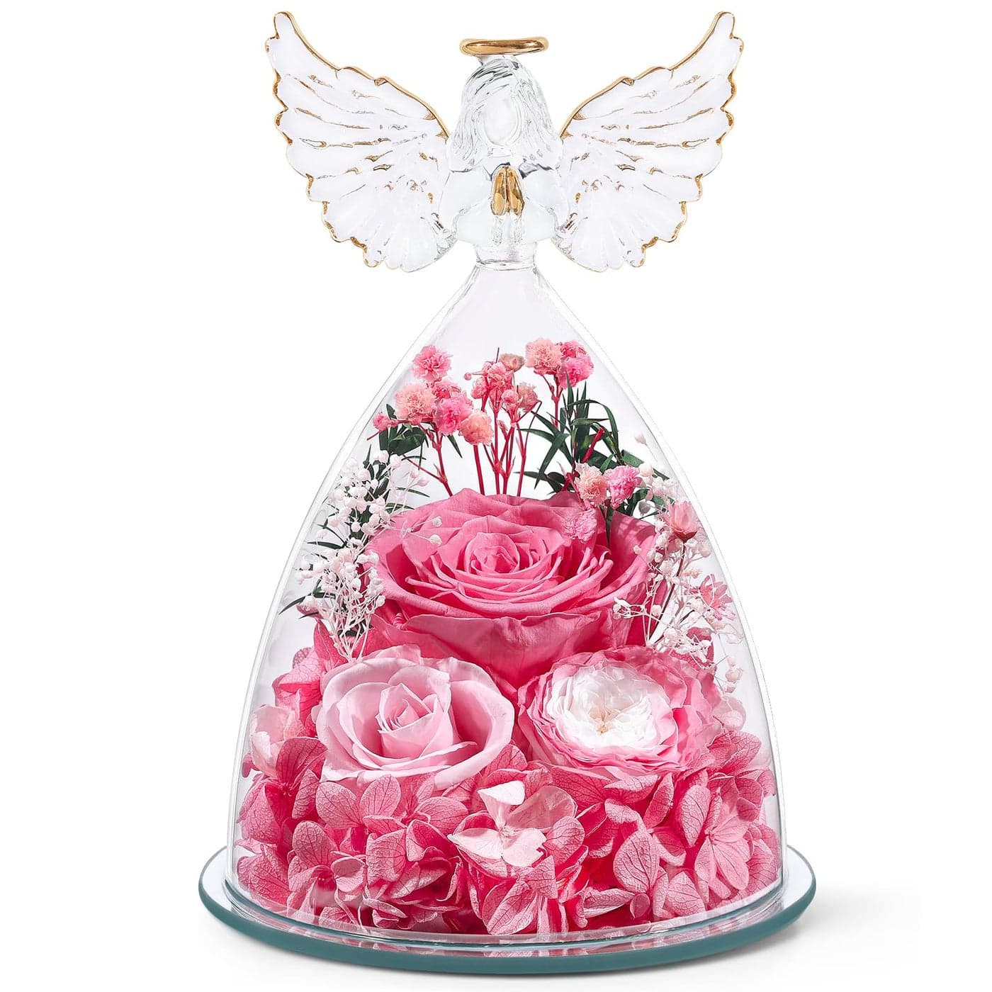 FIACO Gifts for Women Preserved Rose Forever Flower in Glass Angel Figurine Fresh Flowers for Delivery Mothers Day Birthday Gifts for Mom Grandma Wife Sister Pink