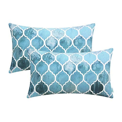 CaliTime Throw Pillow Covers Pack of 2 Cozy Colorful Geometric Trellis Chain Accents Manual Hand Painted Decorative Cushion Cases for Couch Bed Sofa Farmhouse 12 X 20 Inches Main Sky Blue & Smoke Blue