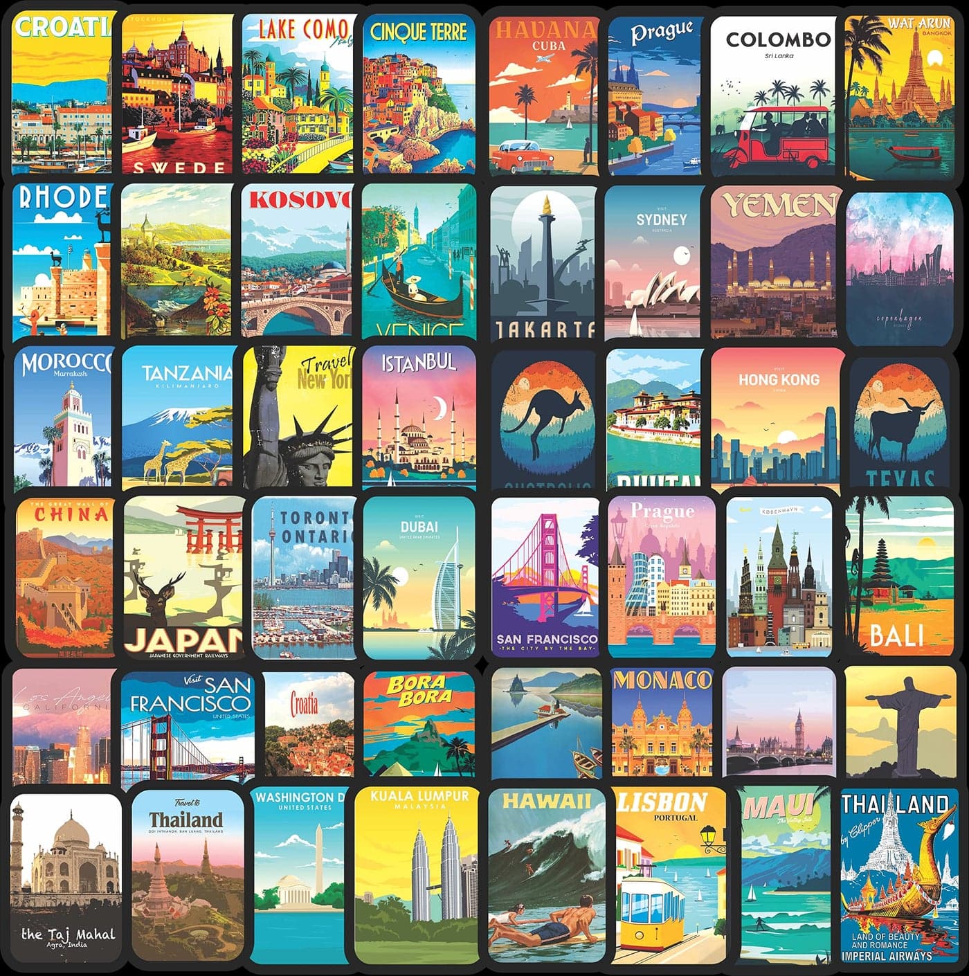 FlyBuy HUB Travel Aesthetic Vinyl Journal Stickers for Phone Case,Laptop,Notebook,Dairy,Water Bottle,School Bag,Etc Self-Adhesive Stickers Set of 50 (City Travel) 23X30X23 Cm