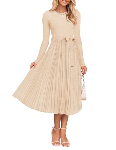 ZESICA Women's Fall Long Sleeve Midi Dress 2025 Casual Crewneck Knit Belted Pleated A Line Flowy Party Dresses Apricot Small