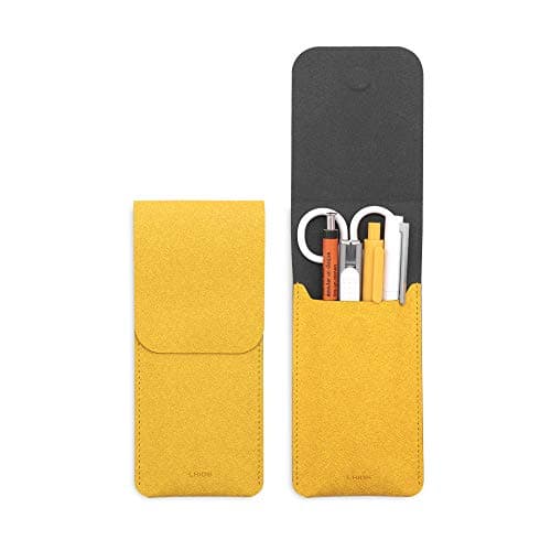 LHiDS Leather Pencil Pouch Plus Pen Bag for Three Fountain Ballpoint Rollerball Pens Small Pencil Case Travel Bags OrganizerYellow
