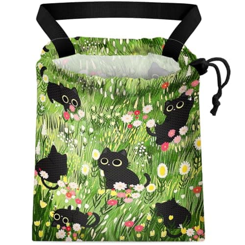 GEGEPINK Car Trash Bag Hanging Back of Seat Waterproof Small Cute Printed One-Handed Strap Drawstring Garbage Bags for Car-Black Cat Floral