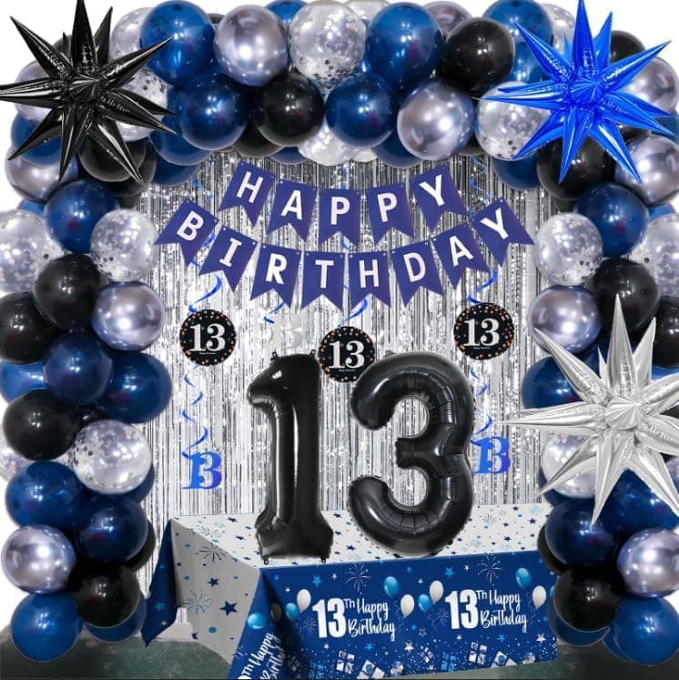 13th Birthday Decorations for Boys and Girls Dark Blue Official Teenager Decorations HAPPY BIRTHDAY Banner 13 Balloon Number Tablecloth Foil Star Balloons Garland Arch Kit13 Year Old Party Supplies