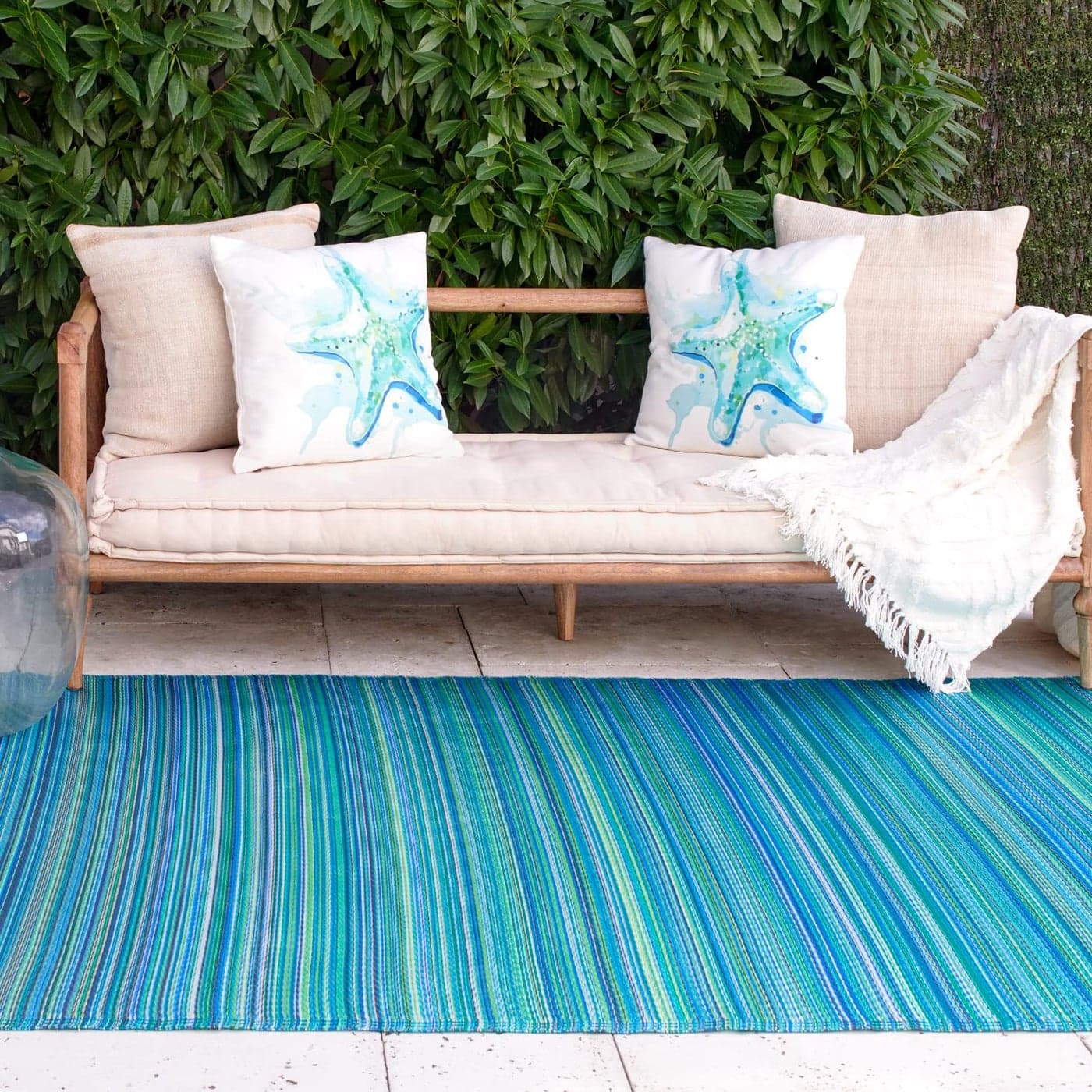 Fab Habitat Outdoor Rug Waterproof Fade Resistant CreaseFree Premium Recycled Plastic Striped Porch Deck Balcony Laundry Room Patio Cancun Turquoise Moss Green 3 x 5 ft