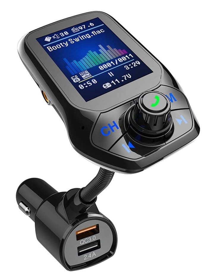 Bluetooth FM Transmitter in-Car Wireless Radio Adapter Kit W 1.8 Color Display Hands-Free Call AUX in/Out SD/TF Card USB Charger QC3.0 for All Smartphones Audio Players - Black