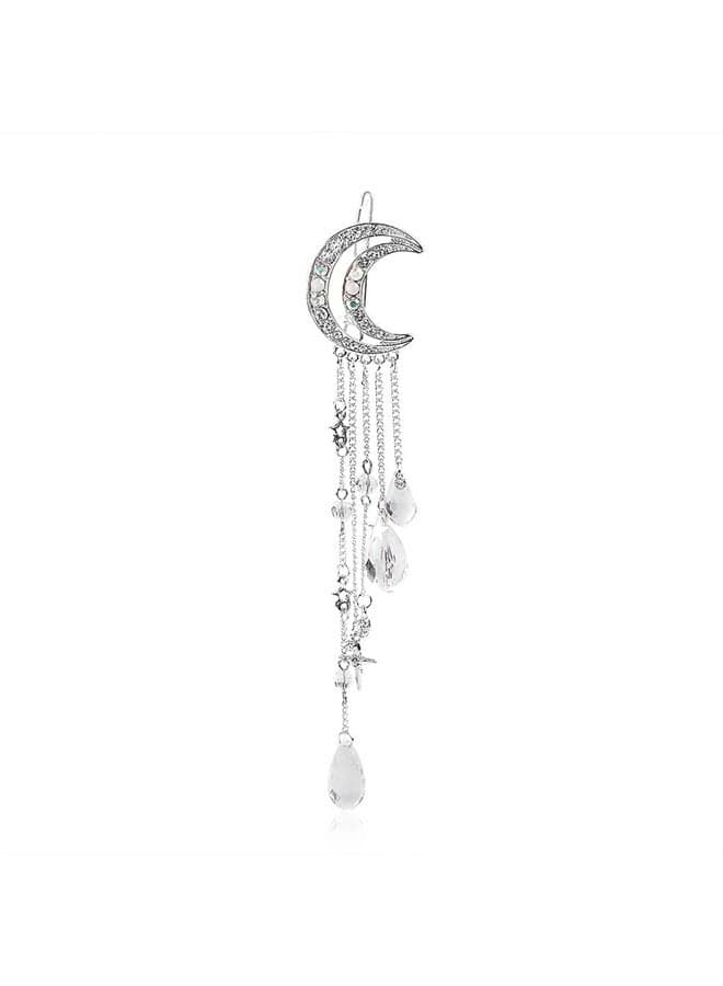 Romantic Crescent Moon Star Crystal Dangle Hairpin Rhinestone Beads Hair Clips Bridal Jewelry Tassel Drop Hair Pins Bobby Pins For Women Girls Hair Accessories (Silver)