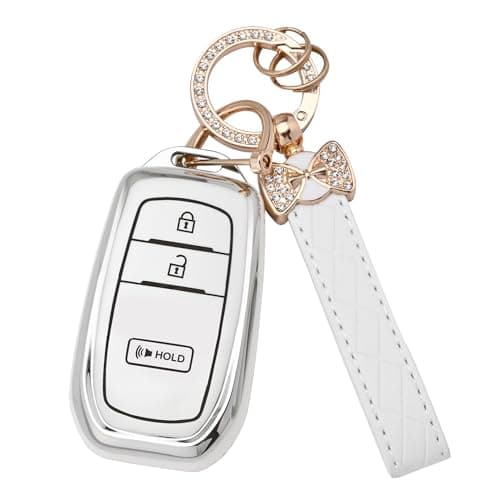 TECARATE for Toyota Key Fob Cover 4 Buttons Soft TPU Key Shells Protector for Crown Corolla Cross Grand Highlander Tundra Prius Venza Sequoia Land Cruiser with Nice KeychainWhite