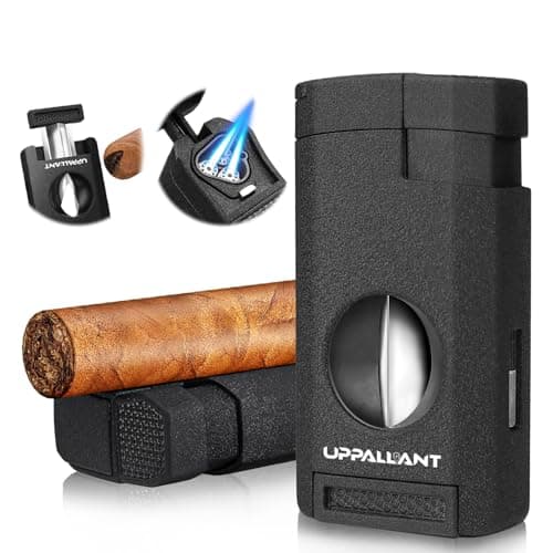 All-in-one Cigar Lighter, Torch Lighter with Cigar Cutter V Cut & Cigar Holder, Cigar Gifts for Men, Refillable Triple Jet Flame Windproof Butane Lighter, Cigar Accessories, Cool Lighters for Smoking