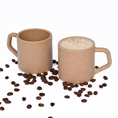Eha Earth-Friendly Comfy Coffee Cup Set of 2 | 200 ml | Made with Rice Husk & Bamboo Fibers | Microwave Safe | for Hot & Cold Coffee Mug, Tea & Milk | Natural Matte Finish | Tortilla