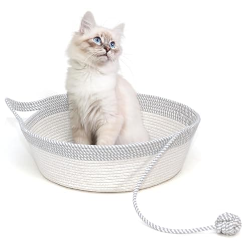 WEAVELYRICS Hand Woven Cat Bed Basket With Toy Tail Cotton Rope Foldable Sleeping Basket Kitten Shaped House for Cats Puppies Rabbits and Small Pets Medium Gray White