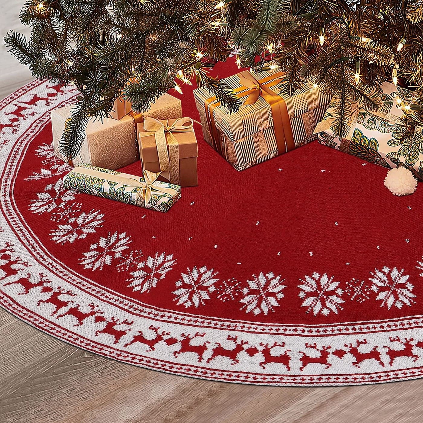 Dremisland Christmas Tree Skirt Rustic Christmas Tree Mat with Snowflake Reindeer Red Knitted Xmas Tree Skirts Thick Knitted Xmas Holiday Decoration New Year Home Party Decorations Red 36inch90cm
