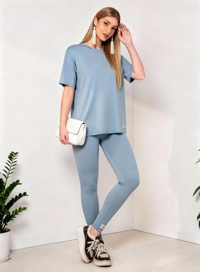 Blue Round Neck Short Sleeve Top and Leggings Co-Ords