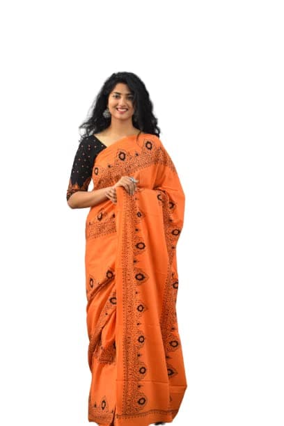 JALTHER Handicrafts Women's Ikat Hand Block Print Jaipuri Cotton Mulmul Saree with Blouse Piece - Orange_89