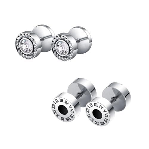 Peora Combo of Silver Plated Roman Numeral & AD Stud Earrings Set Gift For Men