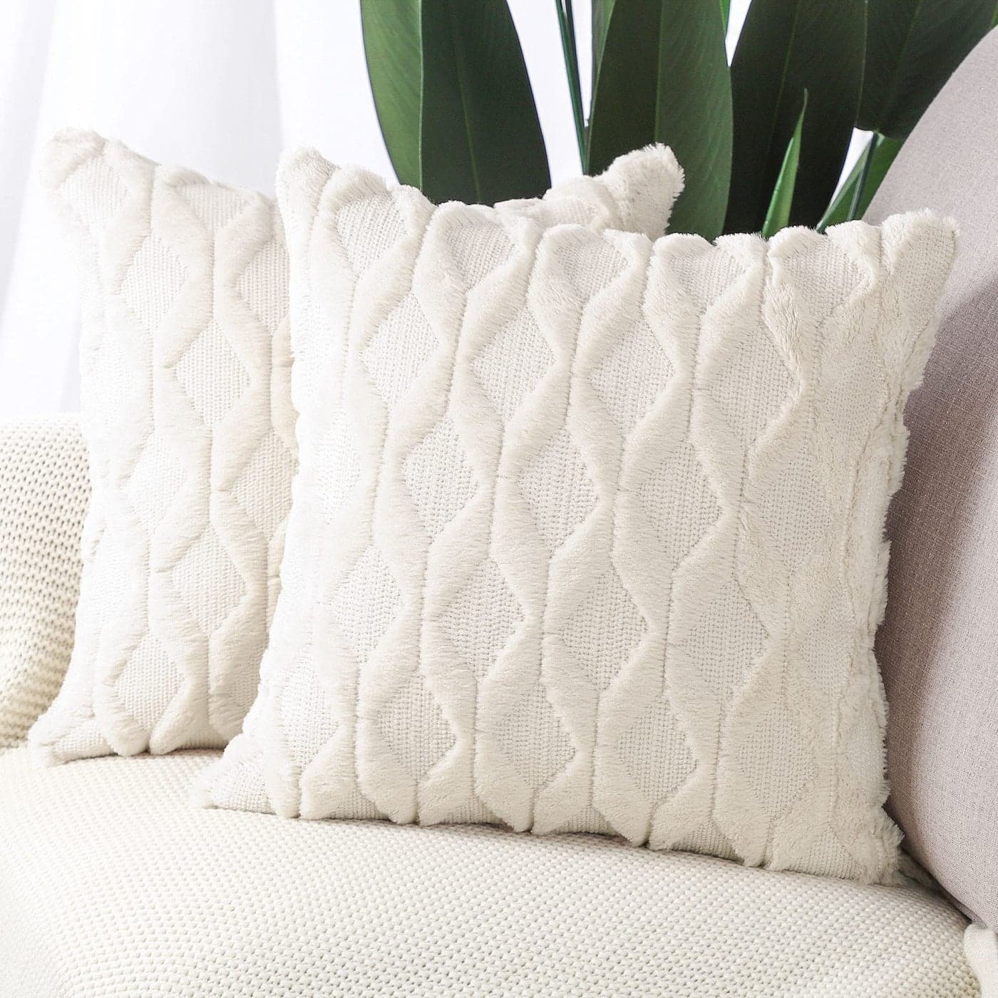 MADIZZ Set of 2 Soft Plush Short Wool Velvet Decorative Throw Pillow Covers 18x18 inch Beige Square Luxury Style Cushion Cases Pillow Shell for Sofa Bedroom